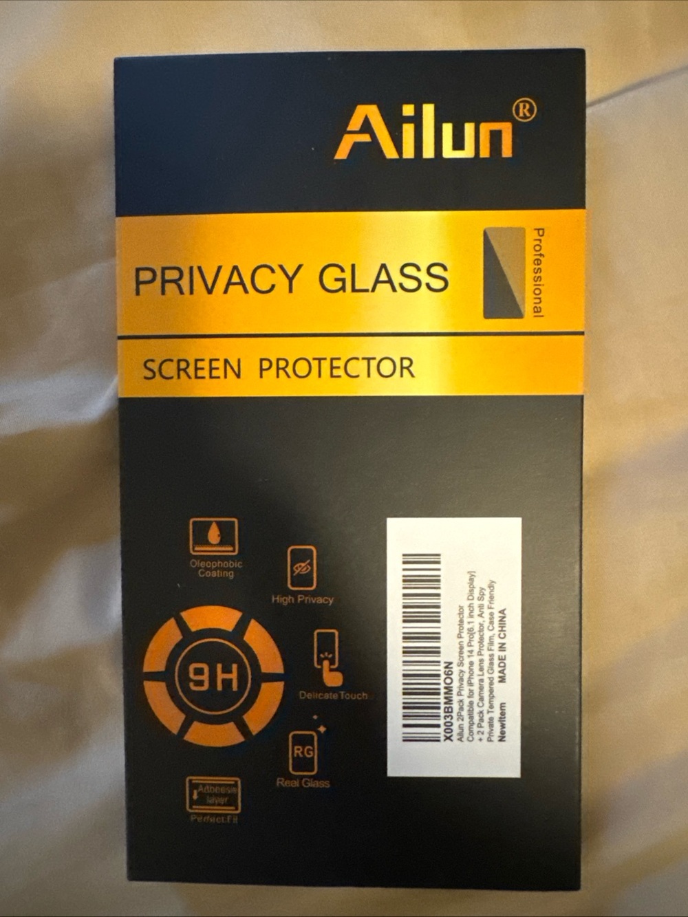 Ailun Black and Gold Privacy Glass Screen Protector Packaging for iPhone 14 Pro